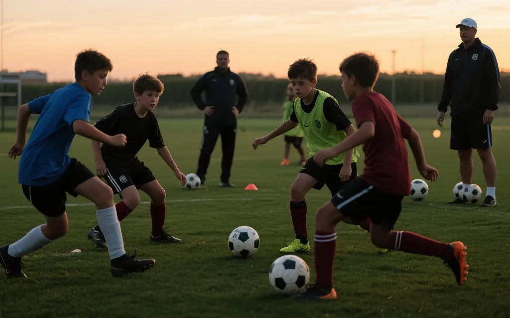 年轻球员训练场景：对抗、短传配合与战术讲解的结合