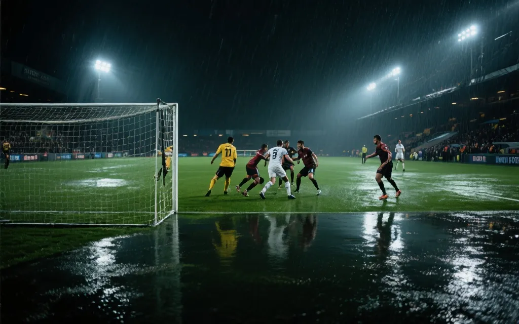 雨夜球场上球员拼抢，氛围紧张的淘汰赛画面